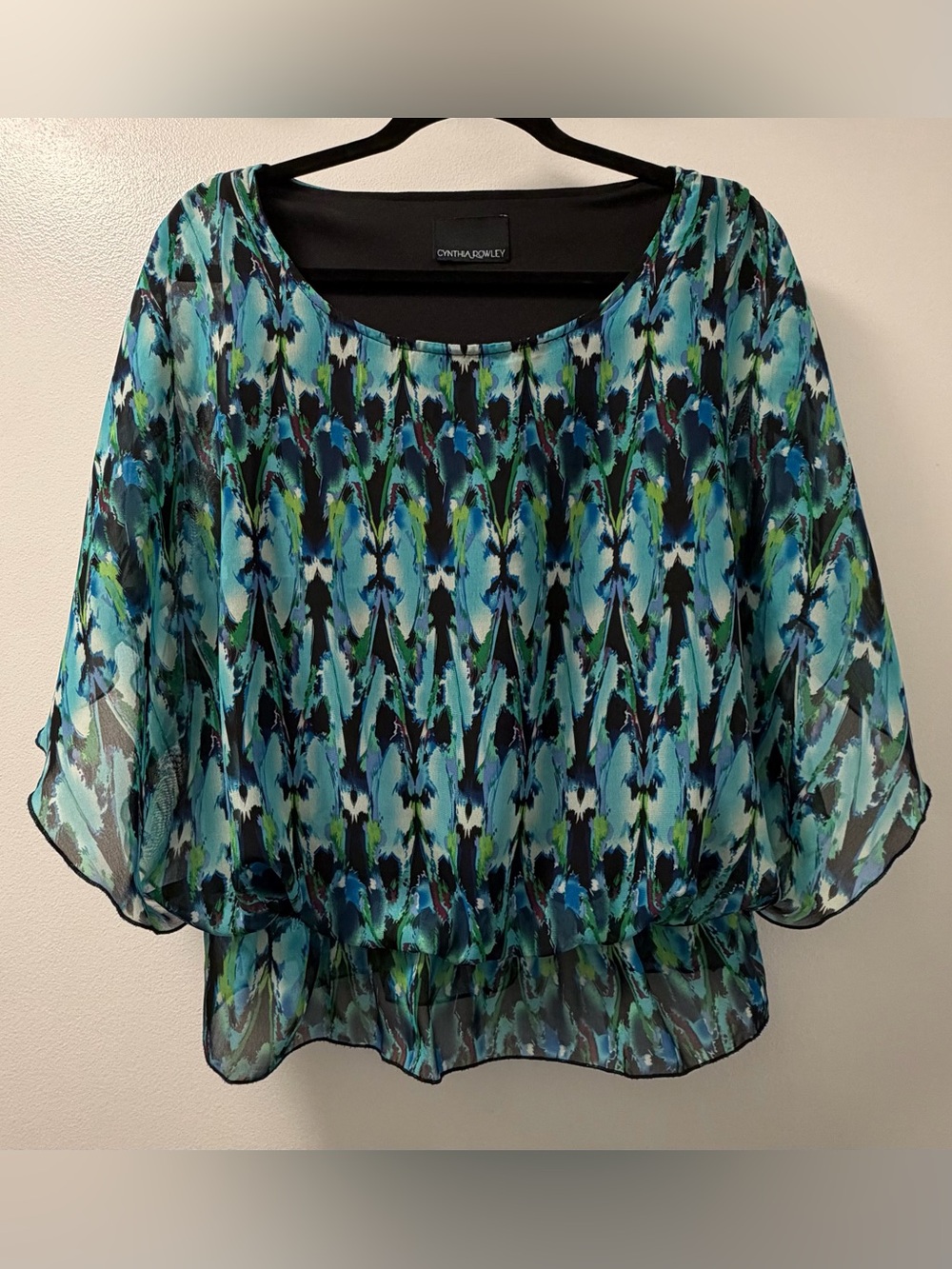 Cynthia Rowley Vibrant Blue Green Abstract Print Sheer Flutter Sleeve Blouse L